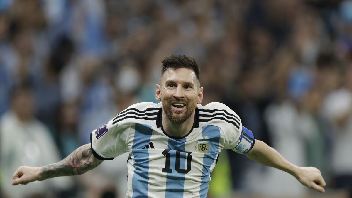 Lionel Messi of Argentina celebrates scoring the 3rd goal during the FIFA World Cup 2022 Final between Argentina and France at Lusail Iconic Stadium on December 18th 2022 in Doha, Qatar (Photo by Tom Jenkins/Getty Images)