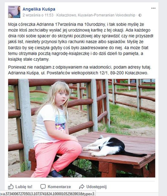 Każdy może sprawić uśmiech na twarzy Adrianny. Wystarczy wysłać jej urodzinową kartkę