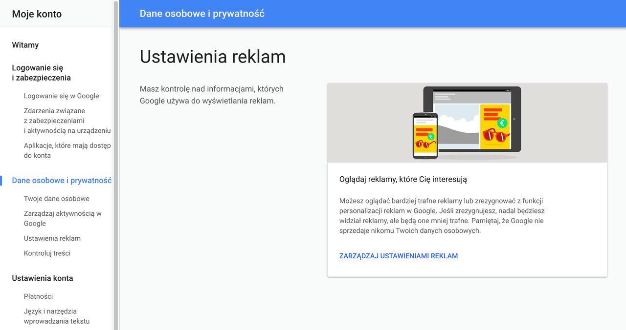 Zarządzać reklamami można w w Ustawieniach konta Google