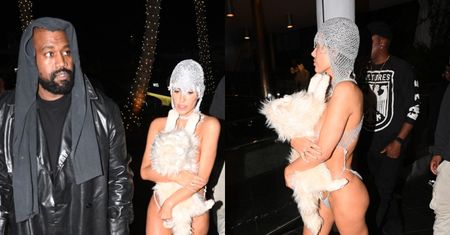 Kanye West ze "spodniami na głowie" i zasłaniająca pluszakiem "niewidzialne body" Bianca mkną do klubu w Miami (ZDJĘCIA)