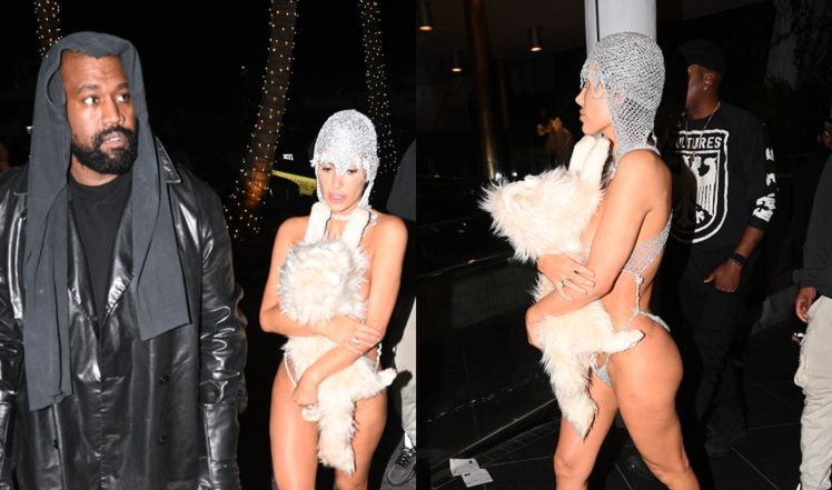 Kanye West ze "spodniami na głowie" i zasłaniająca pluszakiem "niewidzialne body" Bianca mkną do klubu w Miami (ZDJĘCIA)