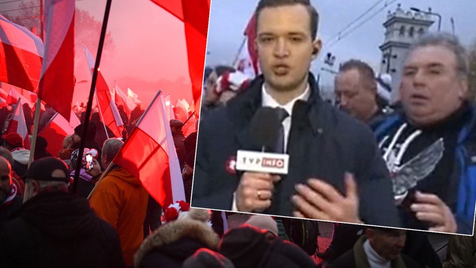 Marsza Niepodległości w Warszawie. Przypadkowy przechodzień zaczął mówić do mikrofonu, pokazali go w TVP Info