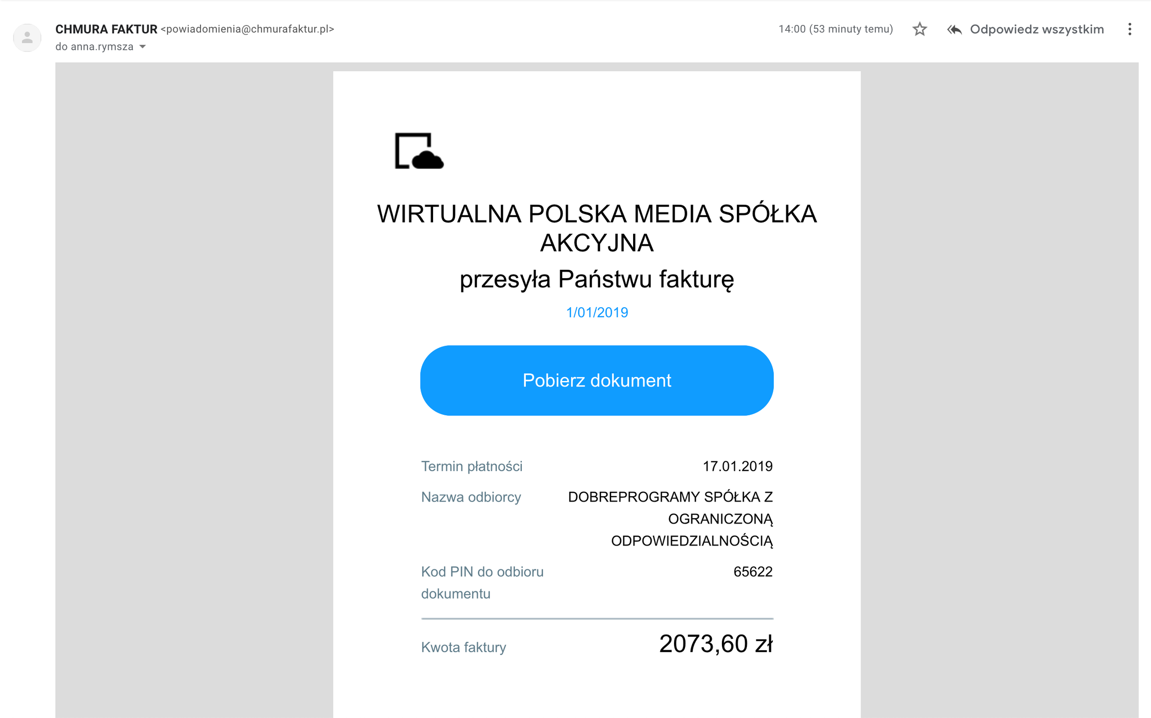 e-mail z odnośnikiem do faktury i PIN-em umożliwiającym pobranie