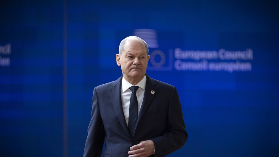 Federal Chancellor of Germany Olaf Scholz attends the Special EU Summit. The European Council Summit meeting at the headquarters of the European Union in Brussels. The German Chancellor makes a statement upon his arrival and responds to questions from journalists of international media and press. The 27 EU leaders convene in Brussels to address Russia's aggression against Ukraine and the Middle East situation. The European Council prioritizes security and defense, emphasizing Europe's need to enhance overall readiness. Discussions span military support for Ukraine, regional conflicts, and EU enlargement.. EUCO in Brussels, Belgium on March 21, 2024 (Photo by Nicolas Economou/NurPhoto via Getty Images)