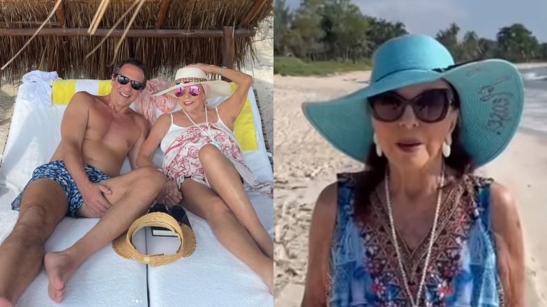 91-letnia Joan Collins w stroju kąpielowym relaksuje się u boku o 31 lat młodszego męża na plaży