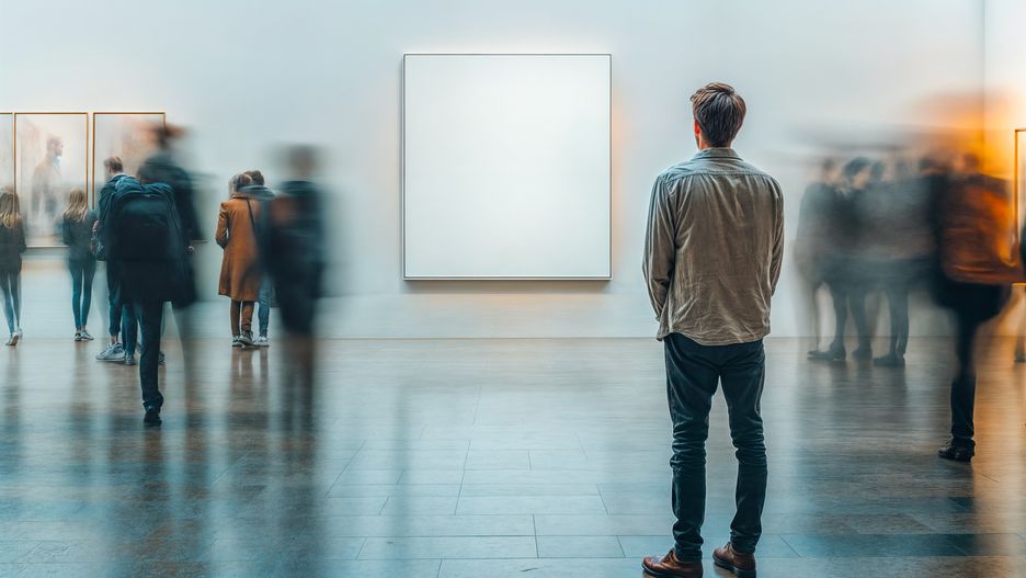 blanc, mockup, tableau, regarder, vide, silhouette, gens, homme, personne, concept, mur, exposition, exhibition, galerie, salon, vernissage, peinture, toile, panneau, affiche, publicité, conception, salle, musée, art, cadres, intérieur, blur motion, flou, mouvement, de dos, admirer, observer, examiner, espace, surface