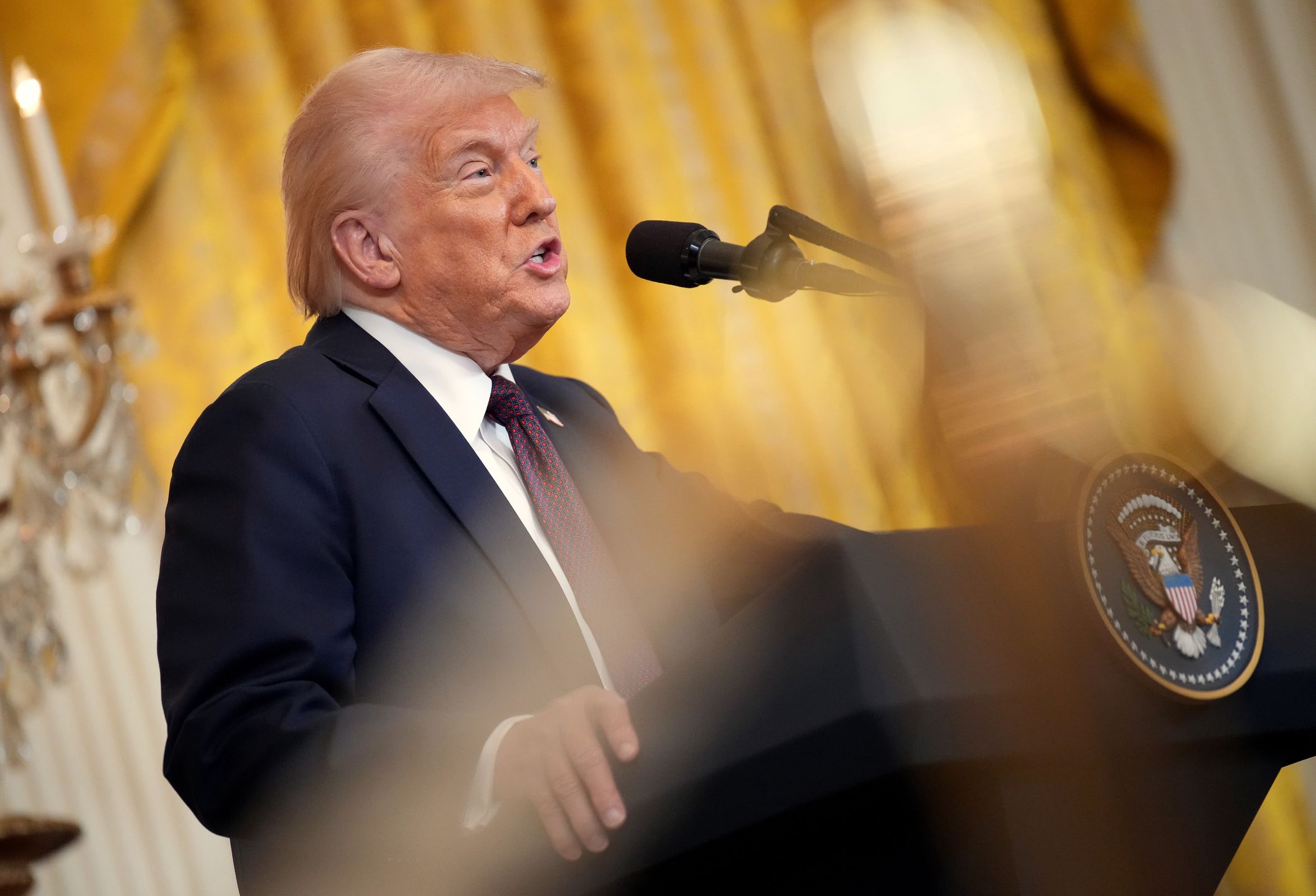 WASHINGTON, DC - FEBRUARY 27: U.S. President Donald Trump delivers remarks during a joint press conference with UK Prime Minister Keir Starmer in the East Room at the White House on February 27, 2025 in Washington, DC. Starmer is on his first visit to Washington since President Trump returned to the White House. Starmer's trip comes shortly after he announced an increase in UK defense spending, ostensibly as a signal to Trump that the UK is prepared to bolster Europe's security, and as he aims to broker a fair peace deal for Ukraine amid Trump's warming relations with Russia.  (Photo by Andrew Harnik/Getty Images)