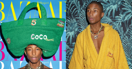 Wiecznie młody Pharrell Williams pozuje z torbą na głowie w sesji dla "Harper's Bazaar"