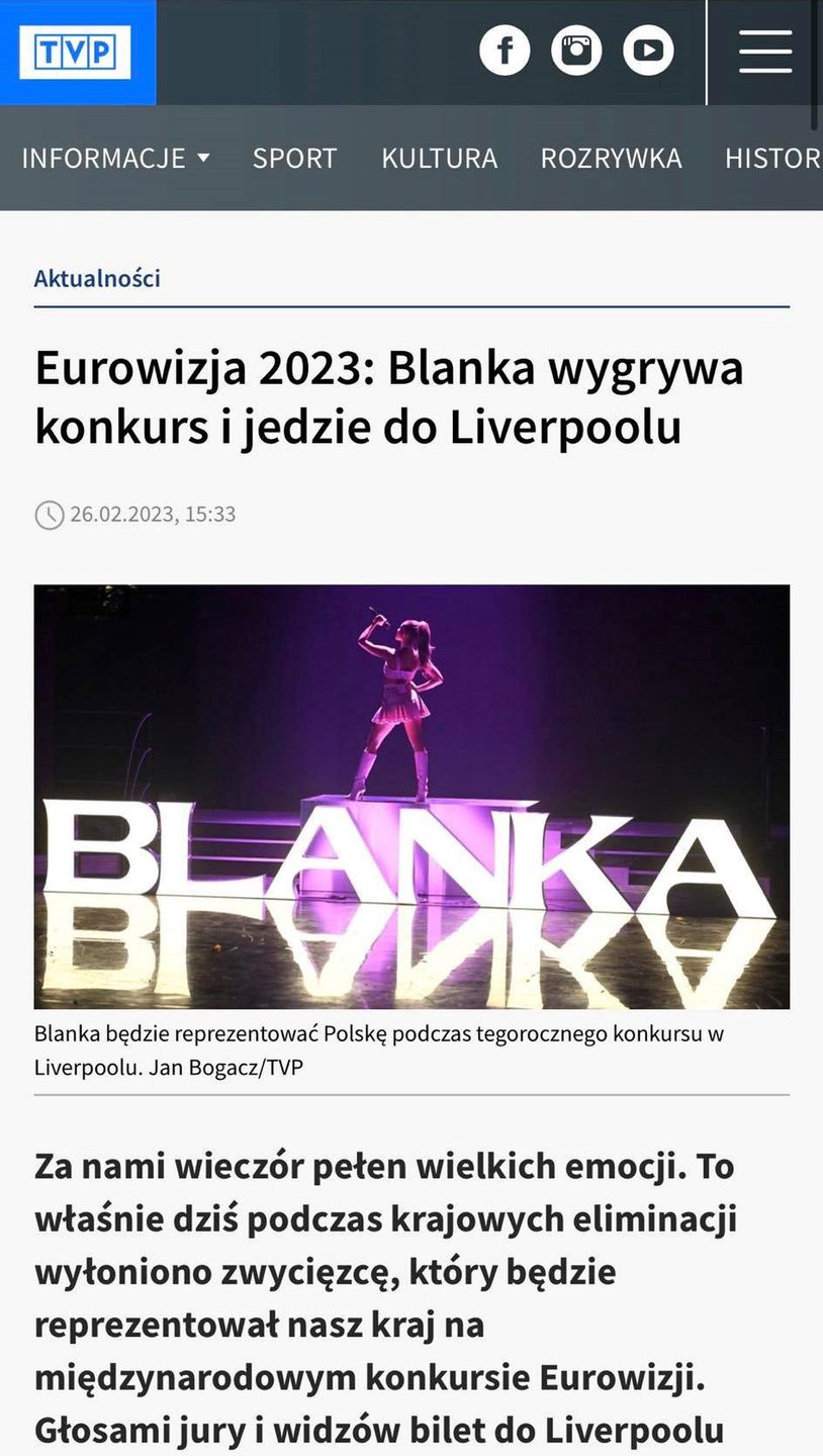 Tekst o zwycięstwie Blanki opublikowano jeszcze przed preselekcjami do Eurowizji?