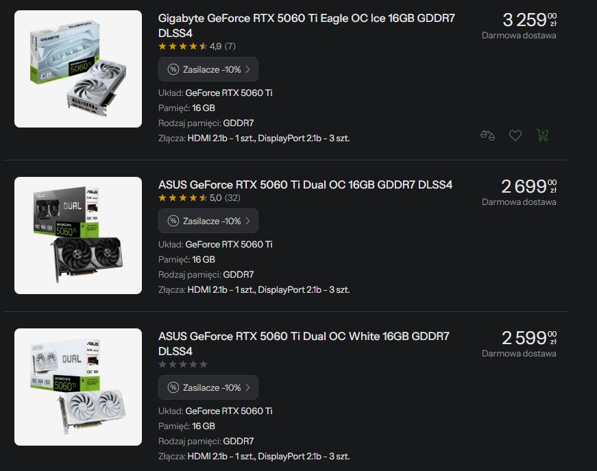 Ceny GeForce'ów RTX 5060 Ti 16 GB GDDR7 w sklepie x-kom