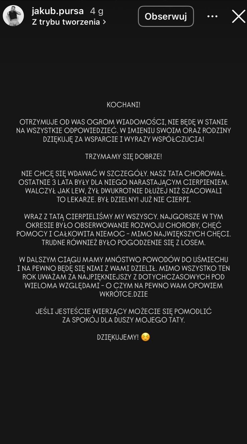 Wpis Jakuba Pursy na Instagramie