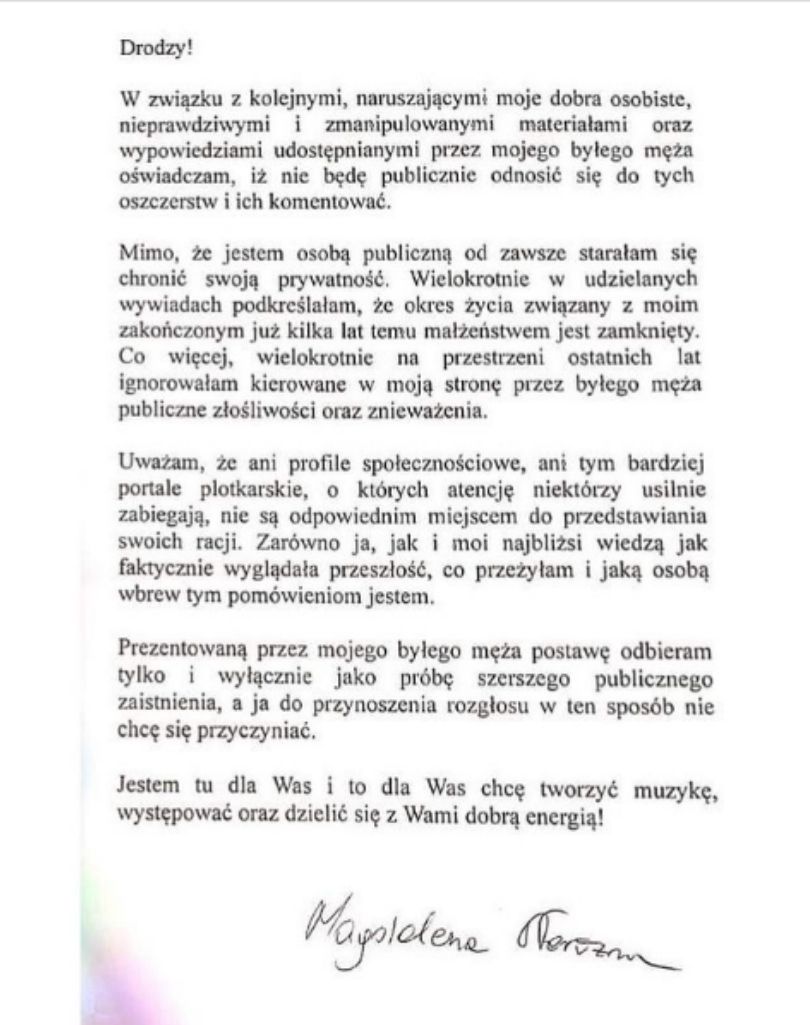 Magdalena Narożna odpowiada byłemu mężowi