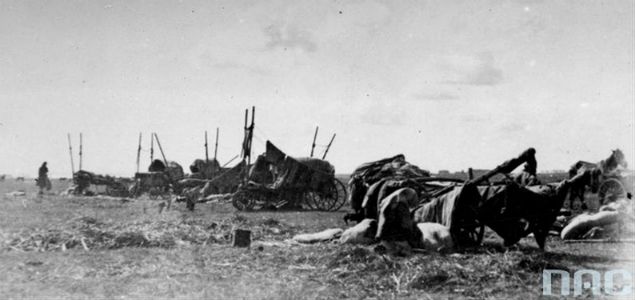Obóz ludności polskiej wycofującej się razem z oddziałami 5 Dywizji Strzelców Polskich, 1919 r. 