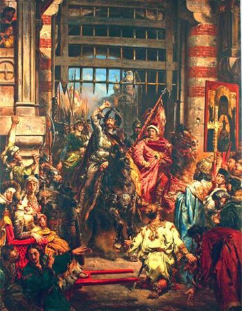 Fragment obrazu Jana Matejki przedstawiający Bolesława Chrobrego i Świętopełka pod Złotą Bramą w Kijowie 