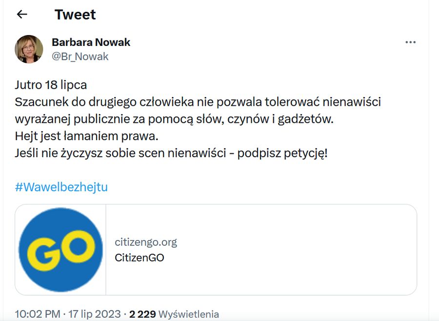 Barbara Nowak zachęca do podpisywania petycji w sprawie zakazu manifestacji w Krakowie