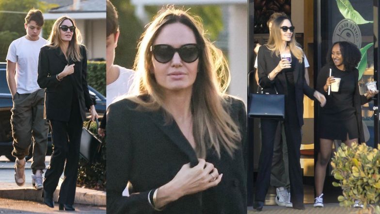 Angelina Jolie w czarnym garniturze popija kawę w towarzystwie swoich dzieci. Stylowa z niej mama? (ZDJĘCIA)
