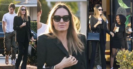 Angelina Jolie w czarnym garniturze popija kawę w towarzystwie swoich dzieci. Stylowa z niej mama? (ZDJĘCIA)