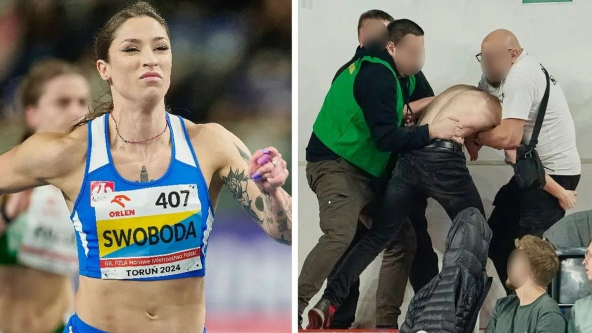 Newspix / Radosław Jóźwiak / Na zdjęciach: Ewa Swoboda i Sebastian Urbaniak wyprowadzany z trybun przez ochronę