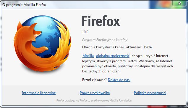 Okno O programie Firefox