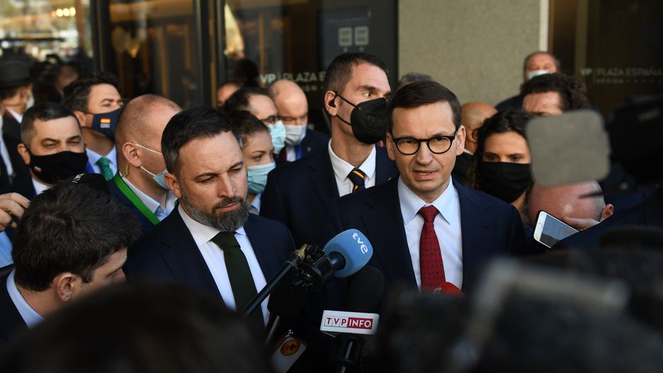 MADRID, SPAIN - JANUARY 29: The president of Vox, Santiago Abascal (right), and the prime minister of Poland, Mateusz Morawiecki (left), make a speech to the media during the summit held this weekend, on 29 January, 2022 in Madrid, Spain. The aim of this meeting is to continue with the work started during the Warsaw Summit, last December, to defend Europe from external and internal threats, promoting an alternative to confront the globalist drift that threatens the European Union by attacking the sovereignty of nations. Santiago Abascal has already traveled several times to Poland and Hungary to analyze the situation with his partners in both parties. (Photo By Fernando Sanchez/Europa Press via Getty Images)