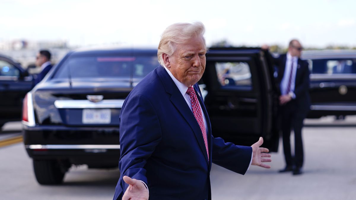 MIAMI, FLORIDA - MARCH 27: U.S. President Donald Trump speaks to the media after departing Air Force One at Miami International Airport on March 27, 2026 in Miami, Florida. President Trump is traveling to speak at a summit in Miami Beach and then onto Palm Beach for the weekend.  (Photo by Nathan Howard/Getty Images)