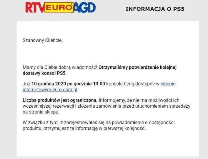 Informacja z RTV Euro AGD na temat dostępności PS5