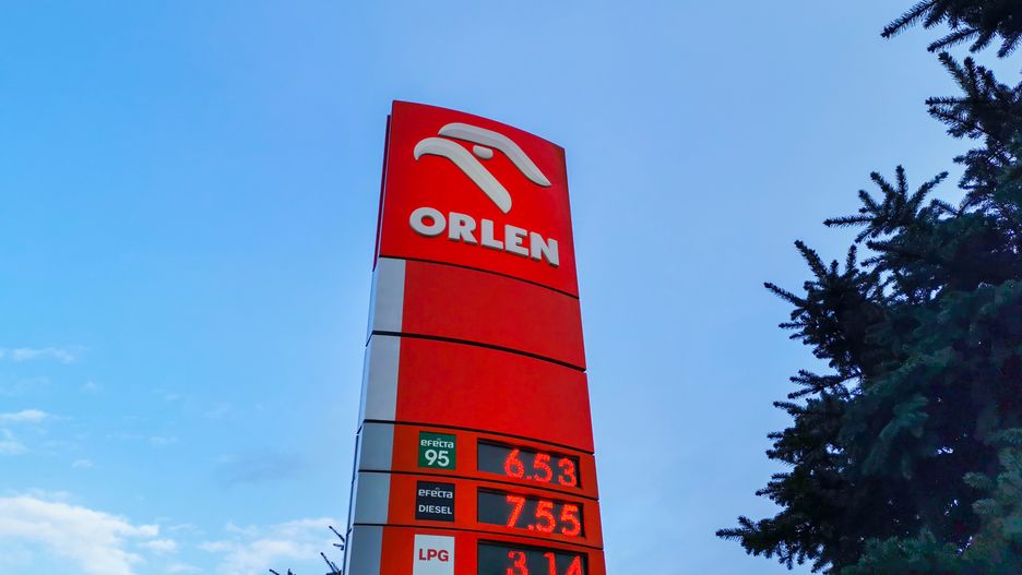 PKN Orlen logo is seen next to Orlen petrol station n Krakow, Poland on January 18, 2023. (Photo by Beata Zawrzel/NurPhoto via Getty Images)