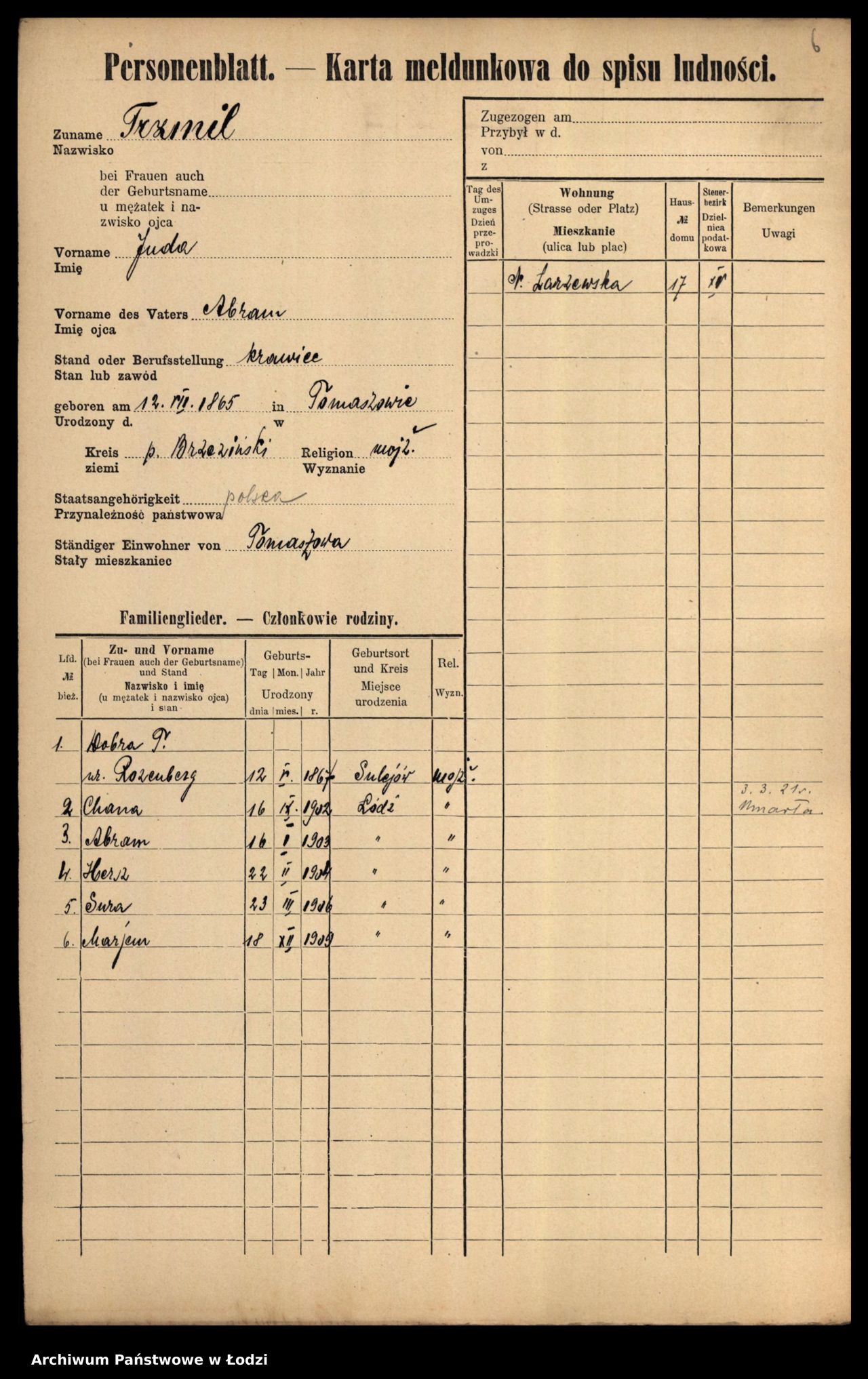 karta meldunkowa rodziny Trzmili pochodząca z Archiwum Państwowego w Łodzi