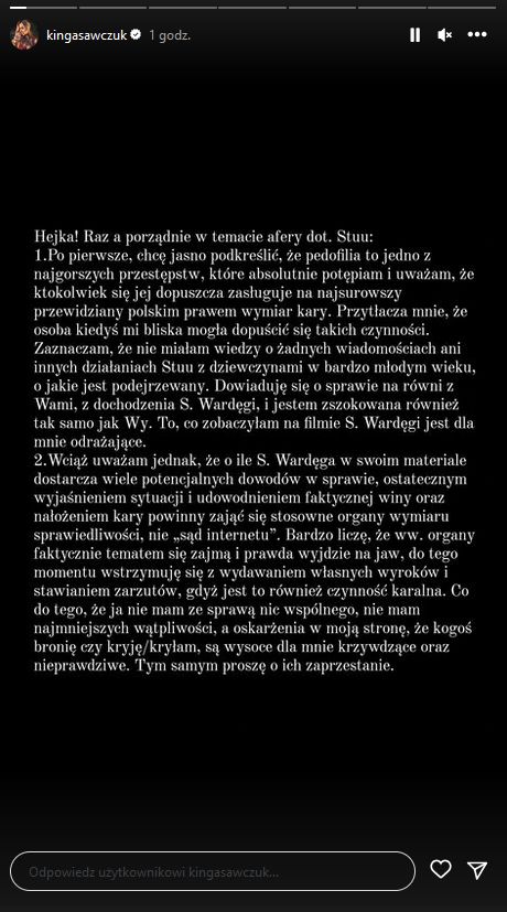Kinga Sawczuk zabrała głos w sprawie afery ze Stuu. Opublikowała obszerne oświadczenie