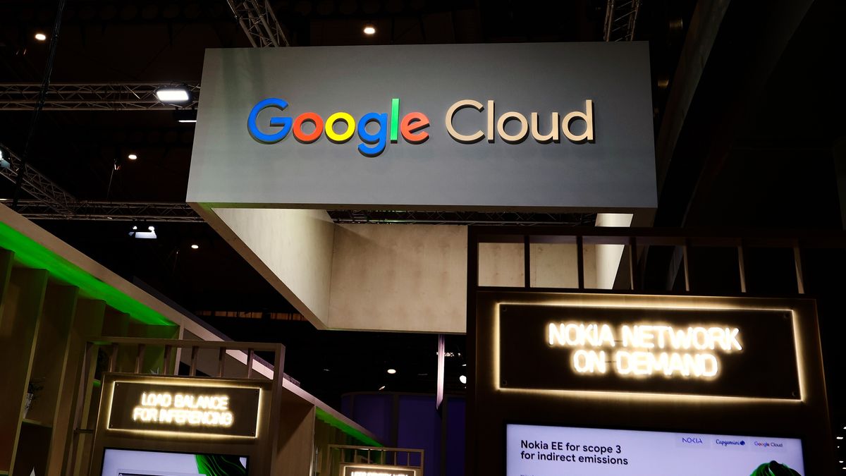 The Google Cloud logo, representing a suite of cloud computing services by the American multinational corporation, appears on their pavilion during the Mobile World Congress 2025 in Barcelona, Spain, on March 5, 2025. The brand offers modular cloud services, including computing, data storage, data analytics, and machine learning. (Photo by Joan Cros/NurPhoto via Getty Images)