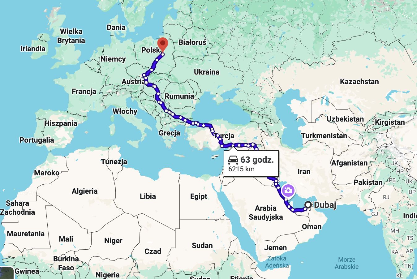 Trasa z Dubaju do Warszawy na mapie wynosi ok. 6 tys. km 