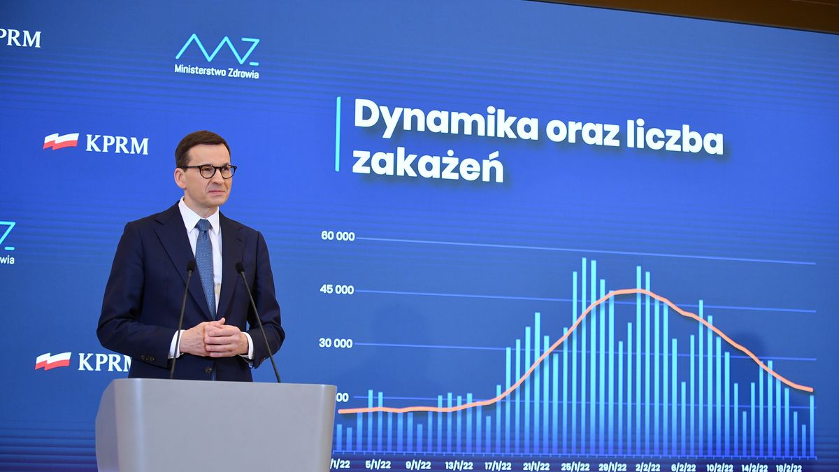 Warszawa, 23.02.2022. Koronawirus w Polsce. Premier Mateusz Morawiecki podczas konferencji prasowej w KPRM w Warszawie, 23 bm. Konferencja dotyczyła zniesienia części obostrzeń covidowych. (mr) PAP/Marcin Obara