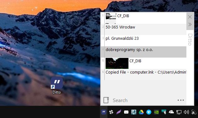 Historię schowka w Ditto uaktywnimy z poziomu ikony na pasku zadań lub skrótem na klawiaturze (domyślnie Ctrl+`) – wówczas okienko pojawia się na ekranie tuż obok kursora