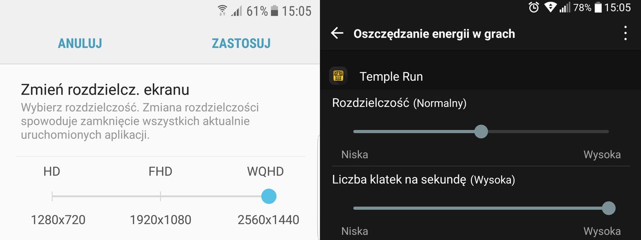 Ustawienia rozdzielczości: od lewej – globalna zmiana w Samsungu S7 Edge oraz indywidualne preferencje dla konkretnych gier w LG G6