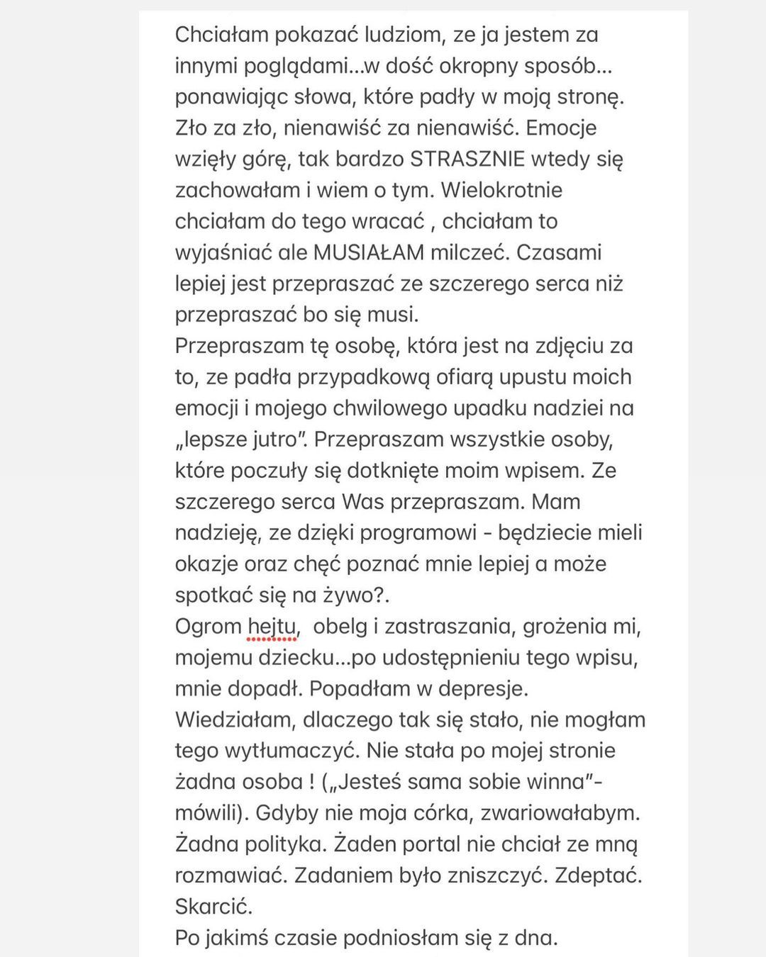 Treść oświadczenia udostępnionego przez Mariannę Schreiber