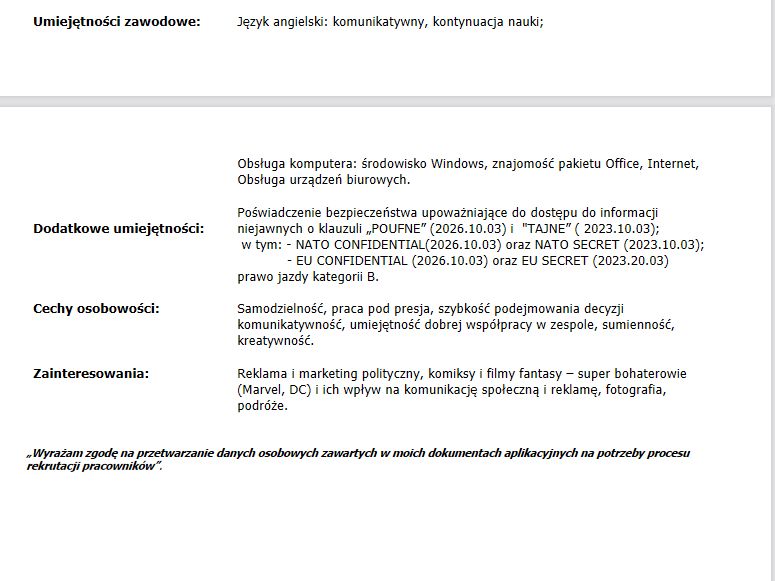 List CV Anny Plakwicz dołączony do rekomendacji PZU