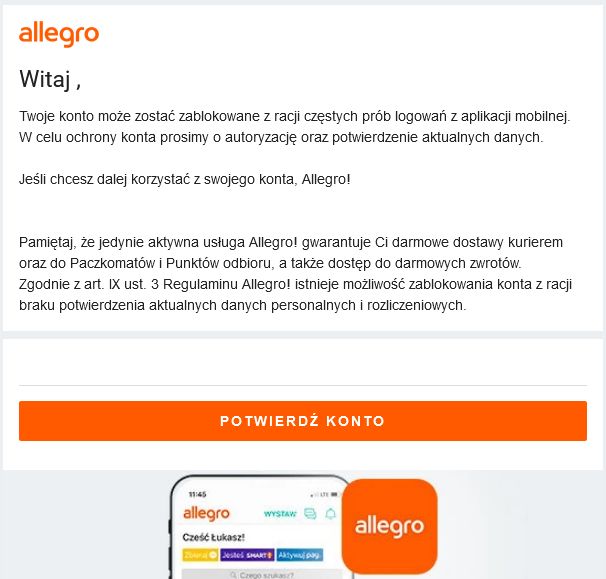 Fałszywy e-mail od Allegro
