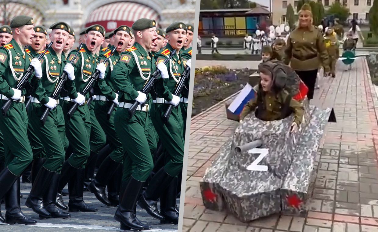 Przedszkolaki maszerujące w kartonowym czołgu. Obchody Dnia Zwycięstwa w Rosji