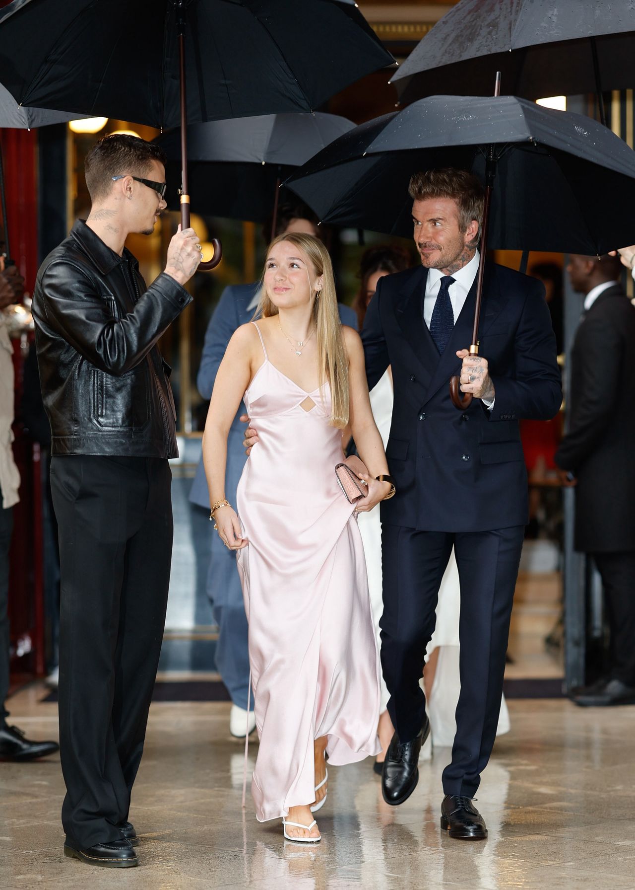 PARIS, FRANCE - SEPTEMBER 27: Romeo Beckham, Harper Beckham and David Beckham are seen on September 27, 2024 in Paris, France.  (Photo by Rachpoot/Bauer-Griffin/GC Images)