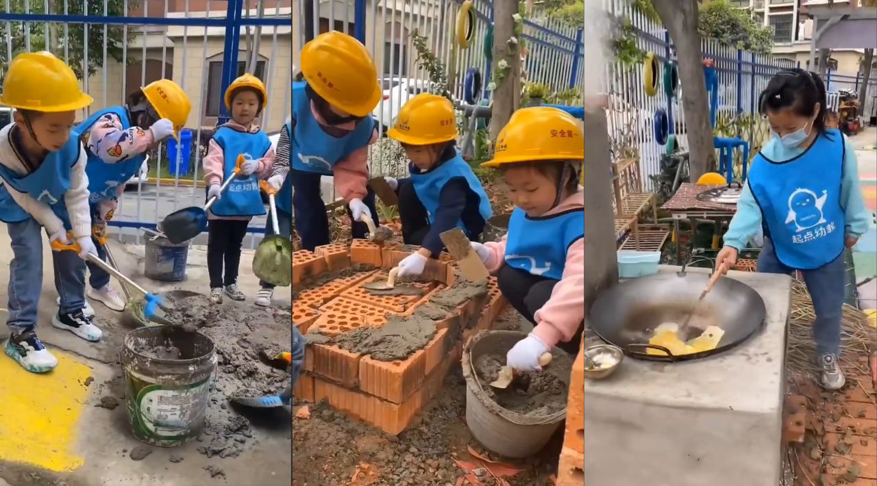 Children in China lay bricks and cook food in kindergarten