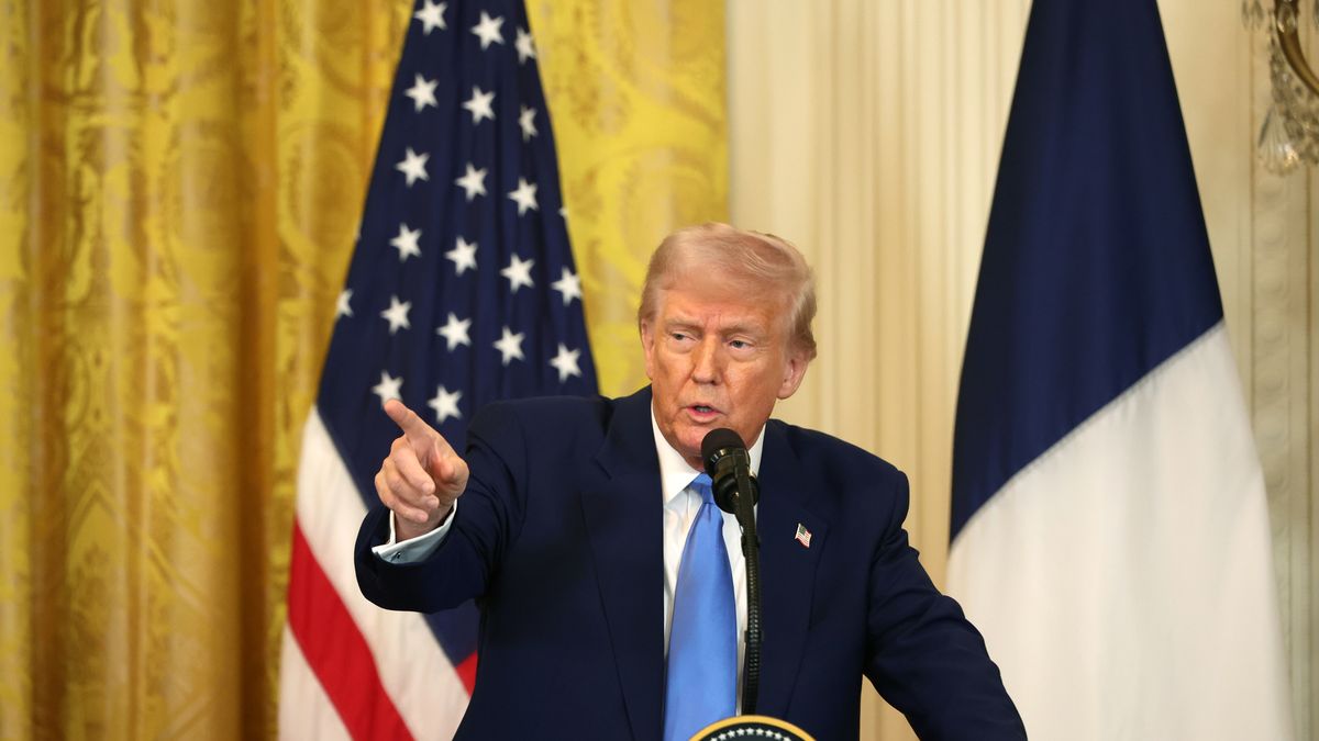 WASHINGTON, DC - FEBRUARY 24: U.S. President Donald Trump delivers remarks during a joint press conference with French President Emmanuel Macron in the East Room at the White House on February 24, 2025 in Washington, DC. Macron is meeting with Trump in Washington on the third anniversary of Russia's full-scale military invasion of Ukraine. (Photo by Tasos Katopodis/Getty Images)