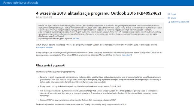 Szczegóły aktualizacji Outlooka 2016, źródło: Microsoft.