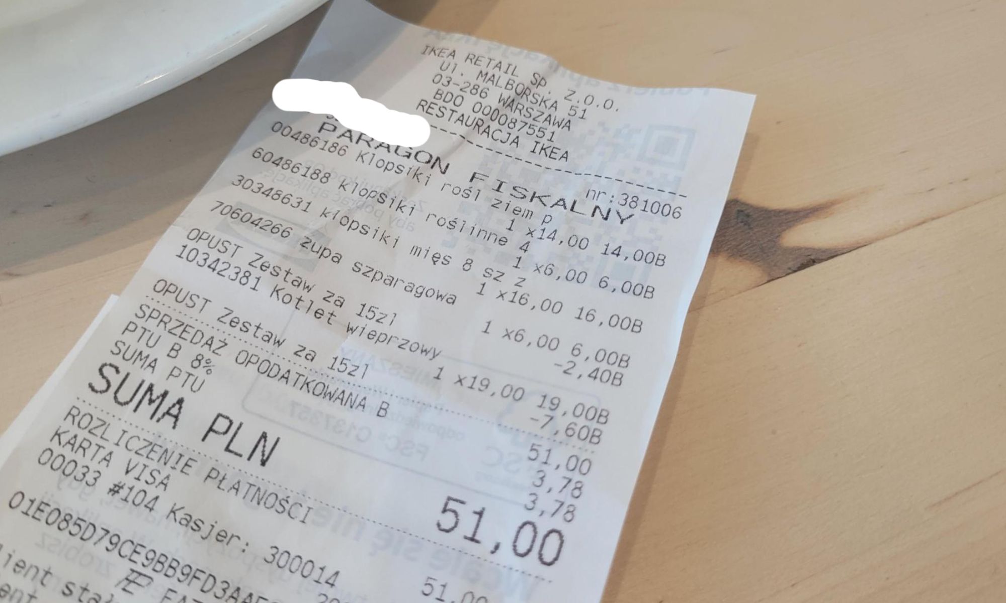 Paragon za zestaw obiadowy IKEA