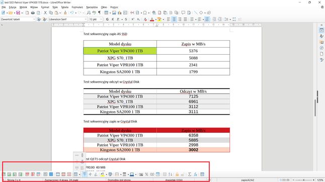 LibreOffice Writer: dolny pasek z możliwością edycji tabel