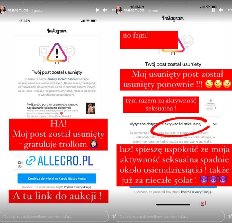 Instagram dwukrotnie usunął post Anny Muchy z licytacją na WOŚP