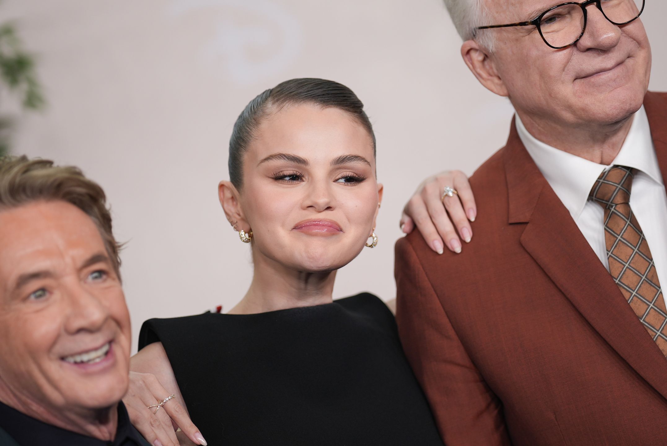 NEW YORK, NEW YORK - MAY 13: (L-R) Martin Short, Selena Gomez, and Steve Martin attend the 2025 Disney Upfront at Javits Center on May 13, 2025 in New York City. (Photo by John Nacion/WireImage)