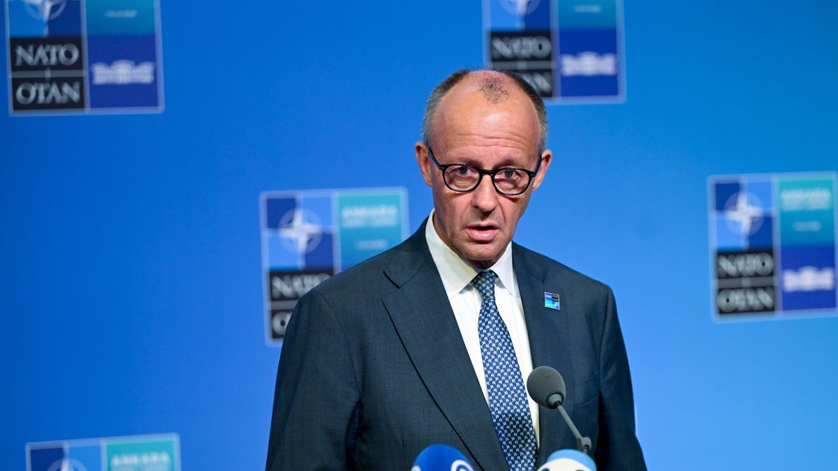 ANKARA, TURKIYE - JULY 08: German Chancellor Friedrich Merz makes a statement to the press ahead of the main session of the North Atlantic Council Meeting during the second day of the 36th NATO Heads of State and Government Summit in Ankara, Turkiye on July 08, 2026. (Photo by Dogukan Keskinkilic/Anadolu via Getty Images)