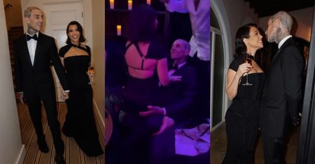 Nieskrępowana Kourtney Kardashian tańczy NA KOLANACH Travisa Barkera na weselu znajomego... (WIDEO)