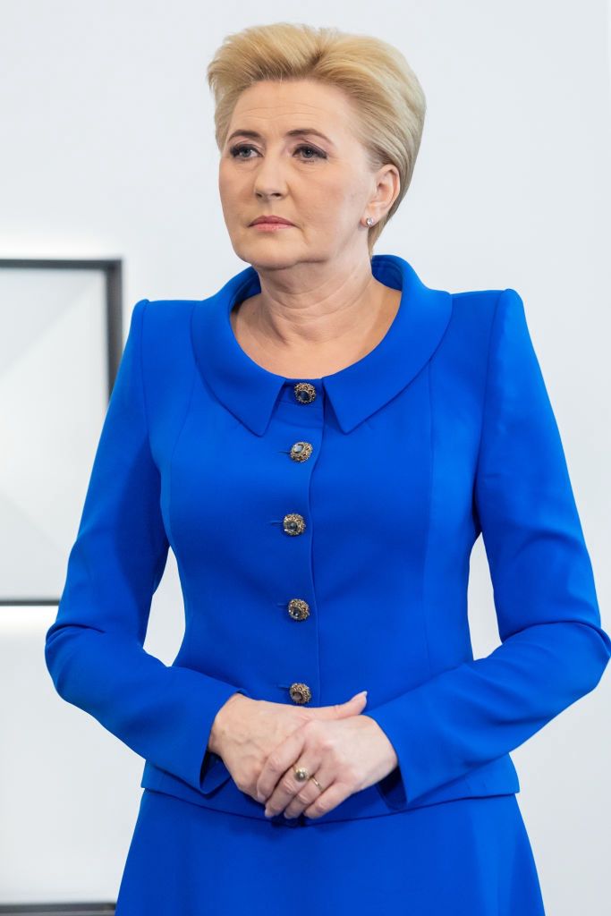 Volodymyr Zelenski In PolandAgata Kornhauser-Duda during first official visit of the Ukrainian presidential couple to Poland since Russia's invasion, of Ukraine, Zelenski was honoured with ''Order of the White Eagle'' in Warsaw, Poland on April 05, 2023. (Photo by Foto Olimpik/NurPhoto via Getty Images)NurPhotonurphoto, zelenski, russia's invasion, order of the white eagle, april 05 2023, person, fashion accessory, outerwear