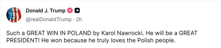 Trump gratuluje Nawrockiemu zwycięstwa